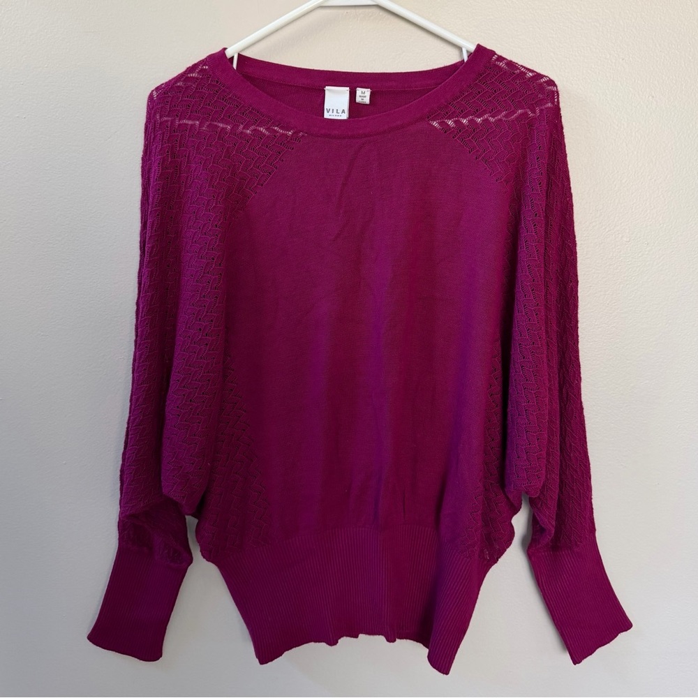 VILA Milano, Fuchsia Women's Long Sleeve Crewneck Batwing Knit Pullover, Sz M